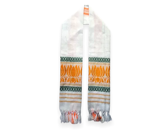 White Aasami gamcha with orange lotus design and green border traditional scarf