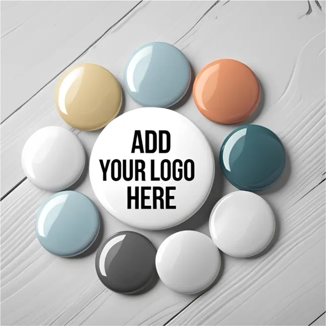 Custom election button badges with logo placeholder for Jhalak Enterprises campaign materials.