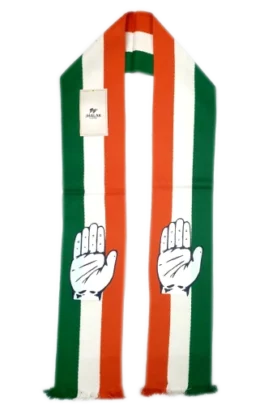 Tricolor Congress woven muffler featuring the hand symbol.