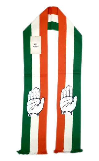 Tricolor Congress woven muffler featuring the hand symbol.