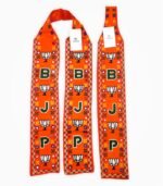 BJP embroidered muffler with lotus symbol and party initials on orange fabric