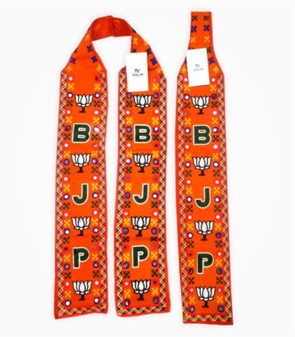 BJP embroidered muffler with lotus symbol and party initials on orange fabric