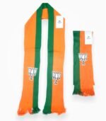 BJP net muffler with green and orange stripes and white lotus symbol