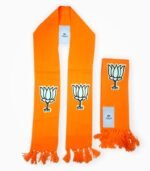 BJP orange muffler with white lotus symbol and fringed ends