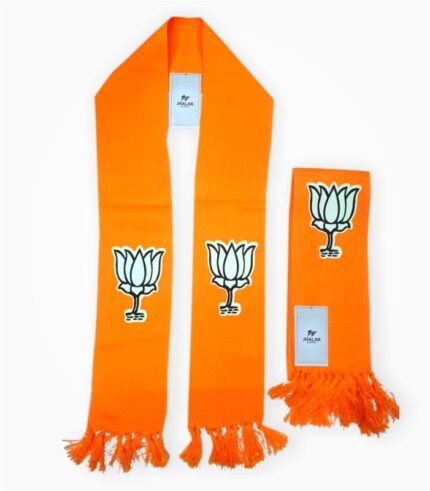 BJP orange muffler with white lotus symbol and fringed ends