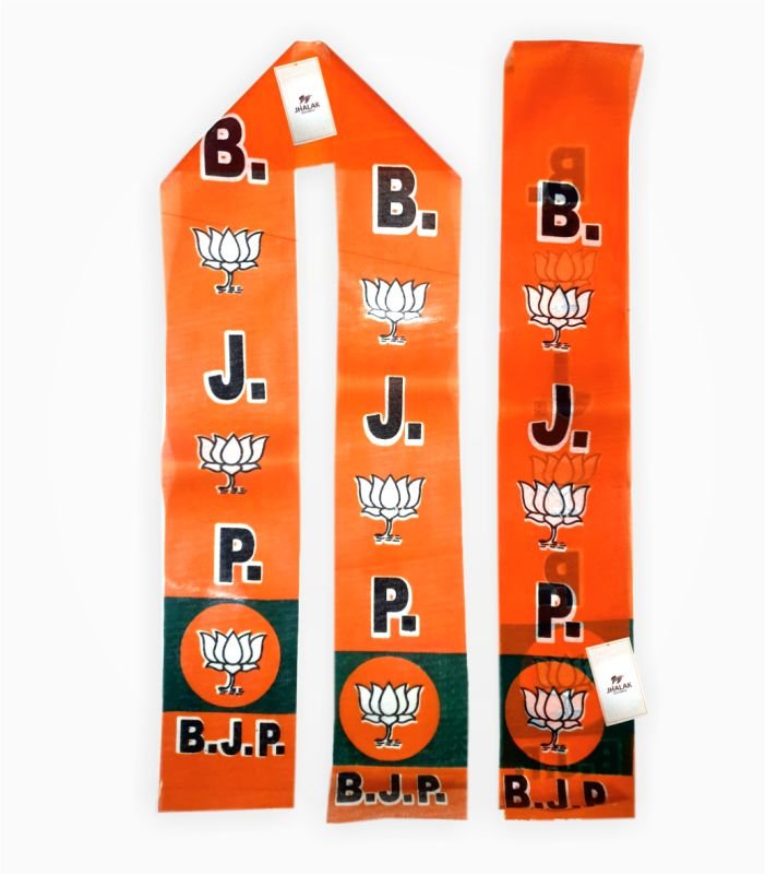 BJP roto patka with printed lotus symbols and B.J.P. initials on orange and green base