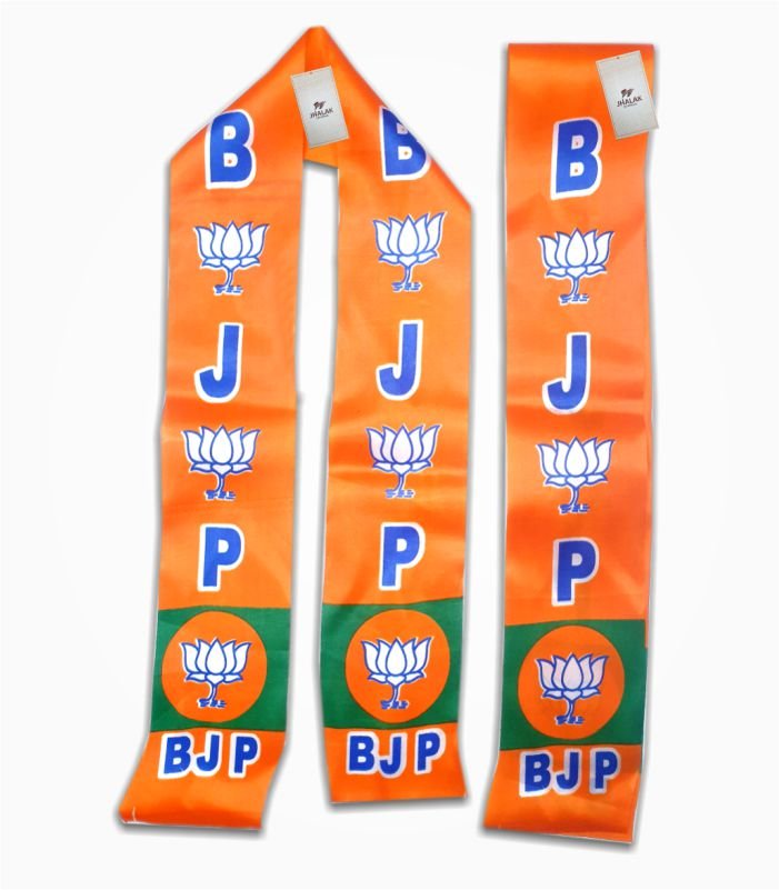 BJP satin muffler with printed lotus symbol and party initials on orange and green base