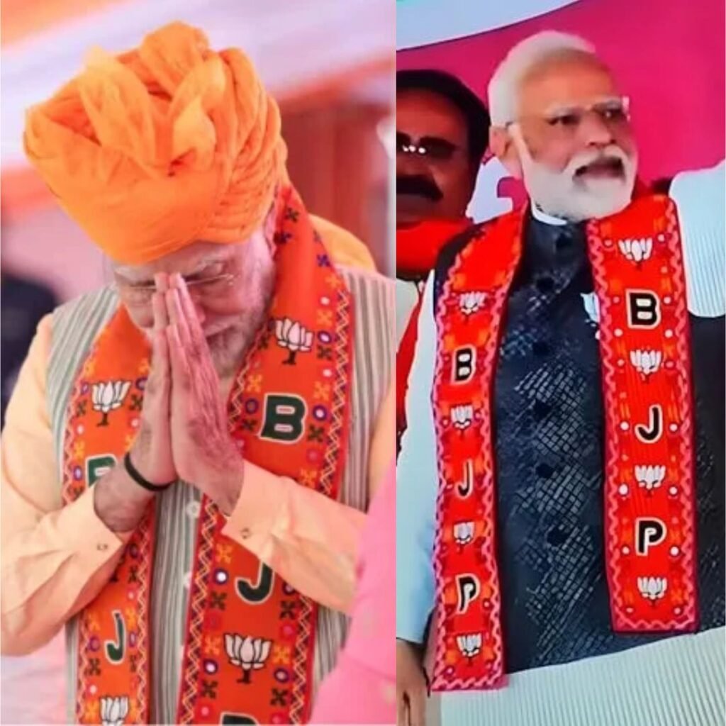 "Public figures wearing orange BJP embroidered mufflers with lotus symbols and 'BJP' letters at political events"