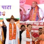 "Multiple Indian political leaders wearing orange BJP embroidered mufflers with lotus symbols and BJP lettering during campaign events"