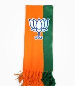 BJP Cotton Muffler – Orange and Green Scarf with Lotus Symbol and Tassels