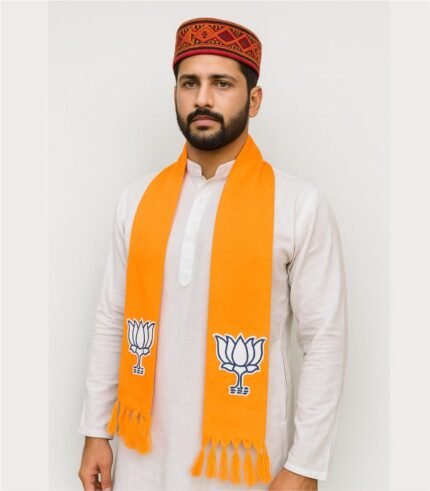 Orange BJP scarf with lotus symbol, worn by a man.