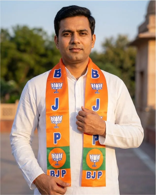 Model wearing a BJP Satin Phatka in a white kurta by Jhalak Enterprises.