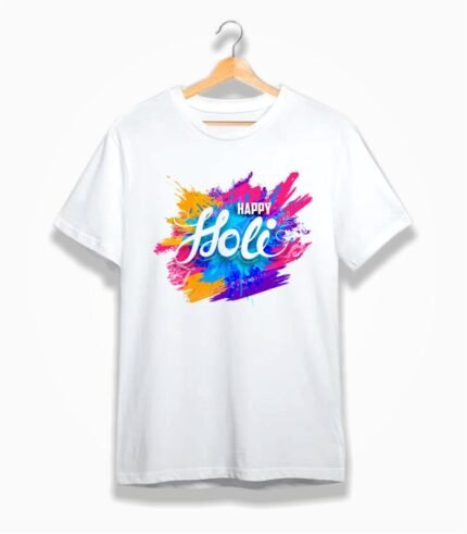 Holi T-Shirt White Round Neck with Colorful Holi Print