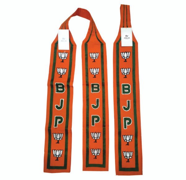 BJP muffler with English embroidery featuring BJP letters and lotus logo on saffron fabric – ideal for political campaigns and rallies.