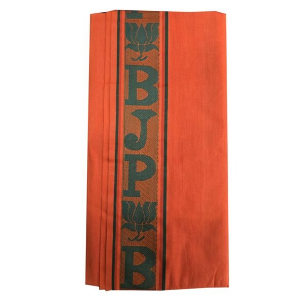 BJP Gamcha made of jacquard fabric in orange color with green BJP lettering and lotus symbol, ideal for election campaigns