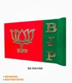 BJP car flag with lotus symbol and vertical "BJP" lettering in gold on Orange and green background.