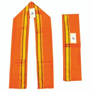 Orange gamcha with golden yellow zari border – traditional BJP-style muffler with folded and open views, Jhalak branding visible.