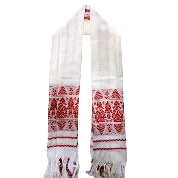 Asami Gamcha with red border, traditional Assamese cotton scarf back view