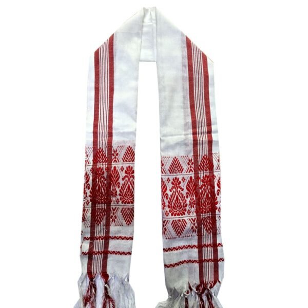 Asami Gamcha with red border front view, traditional Assamese cotton scarf
