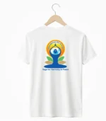 International Day of Yoga T-shirt back view yoga for harmony and peace print white round neck