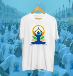 Yoga Day t-shirt displayed with crowd in yoga event background