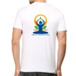 Back view of white Yoga Day t-shirt with “Yoga for Harmony & Peace” logo