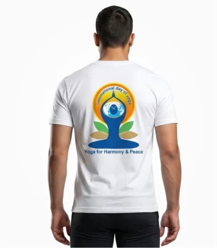 International Yoga Day T-shirt back view man wearing white round neck yoga for harmony peace print