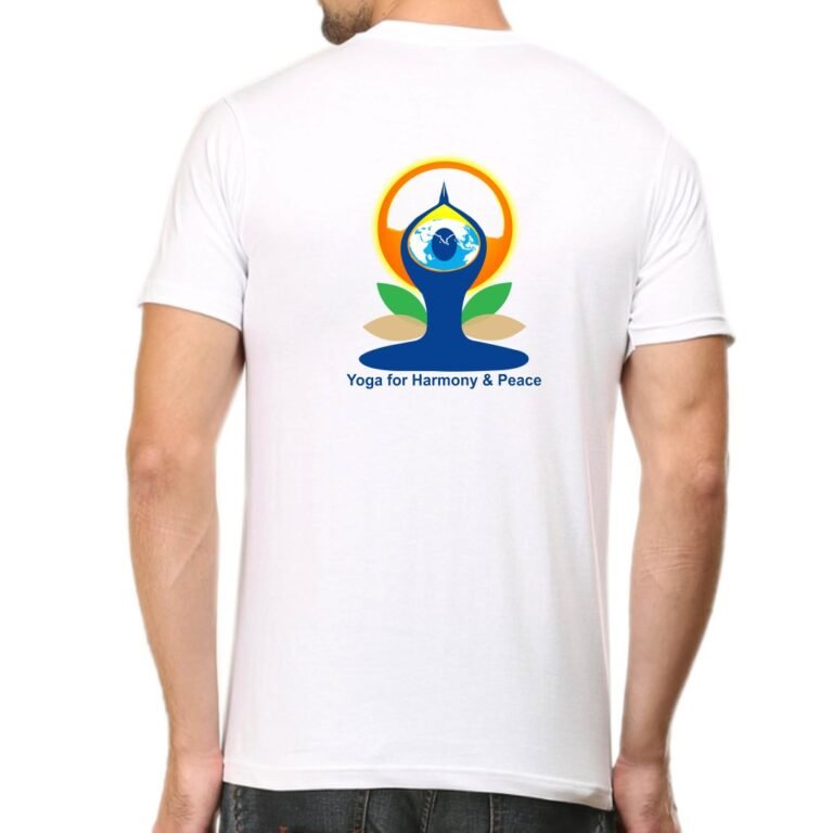 Back view of white Yoga Day t-shirt with “Yoga for Harmony & Peace” logo