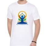 Front view of white International Yoga Day t-shirt with logo