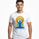 International Yoga Day T-shirt front view man wearing white round neck yoga for harmony peace print