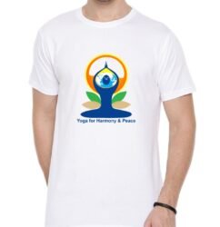 Front view of white International Yoga Day t-shirt with logo