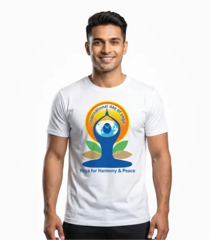 International Yoga Day T-shirt front view man wearing white round neck yoga for harmony peace print