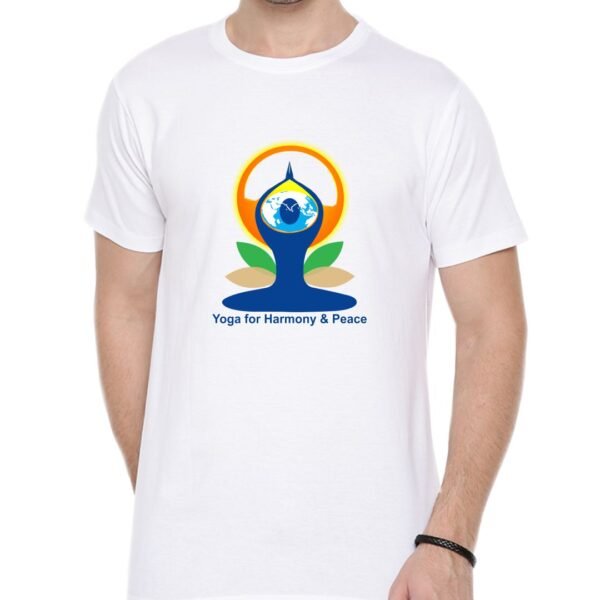Front view of white International Yoga Day t-shirt with logo