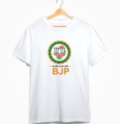 White BJP T-Shirt with lotus logo and circular tricolor design – campaign wear for rallies and events