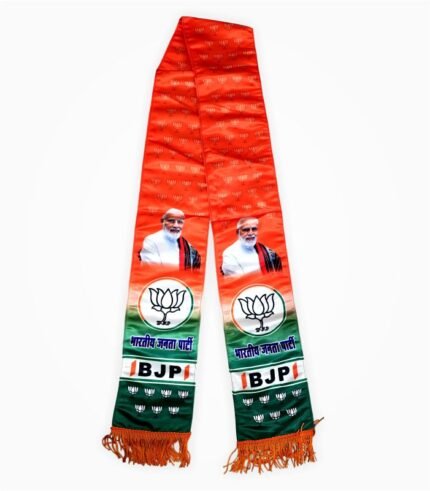 BJP campaign muffler with lotus symbol and leader photo – two-fold view
