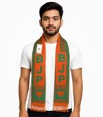 Indian male model wearing BJP weaving muffler in orange and green with lotus design