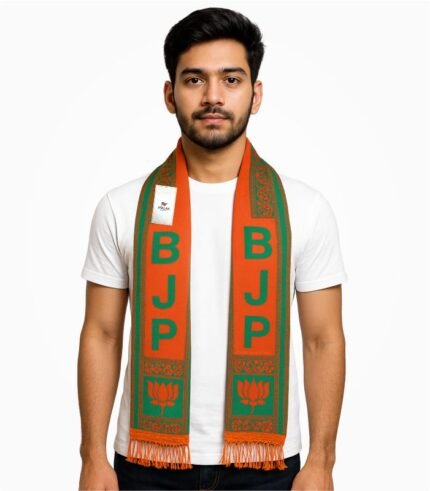 Indian male model wearing BJP weaving muffler in orange and green with lotus design