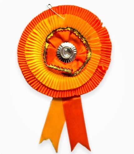 Orange and golden two-layer ribbon badge with central silver embellishment