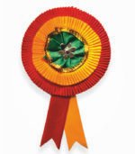Red and yellow ribbon badge with green satin center and silver flower