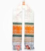 Authentic white Assami gamcha with a woven orange lotus (BJP symbol) design, green borders, and fringed tassels.