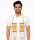 Smiling male model wearing Asami Gamcha with lotus woven design – Jhalak Enterprises