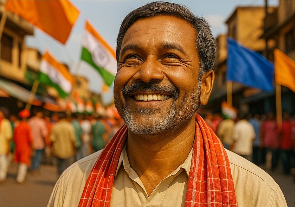 Smiling Bihari man wearing a cotton gamcha during election season with neutral campaign flags in the background