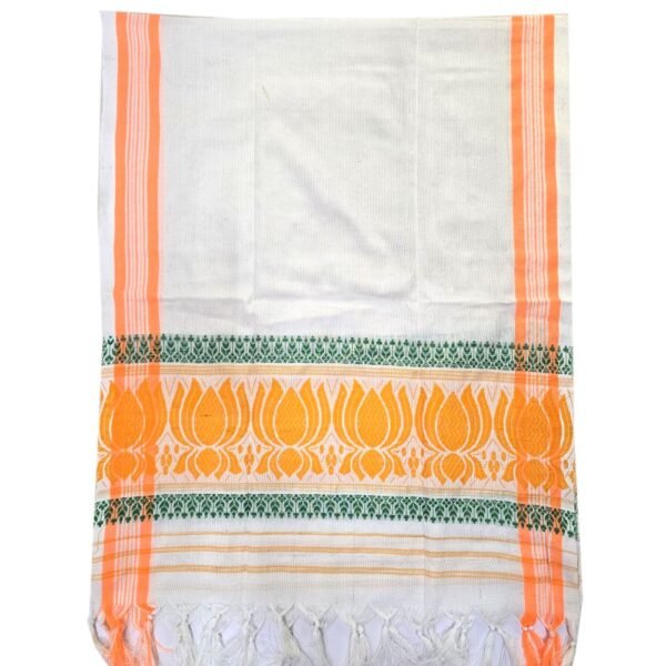 Traditional Assamese Gamcha with Orange Lotus and Green Border Design – 2-Fold View