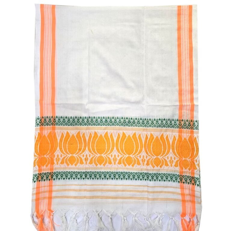 Traditional Assamese Gamcha with Orange Lotus and Green Border Design – 2-Fold View