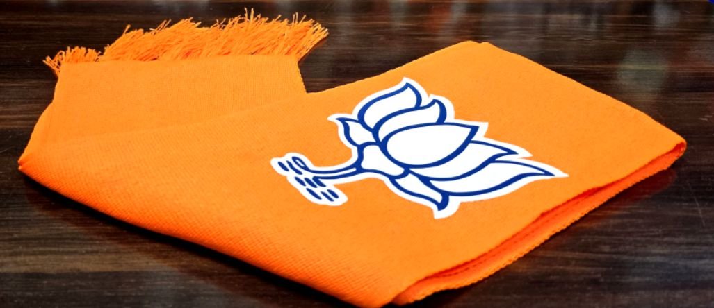 Orange BJP campaign muffler with lotus symbol print for rallies and political events