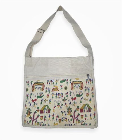 15x15 inch plain off-white canvas shoulder bag, front view