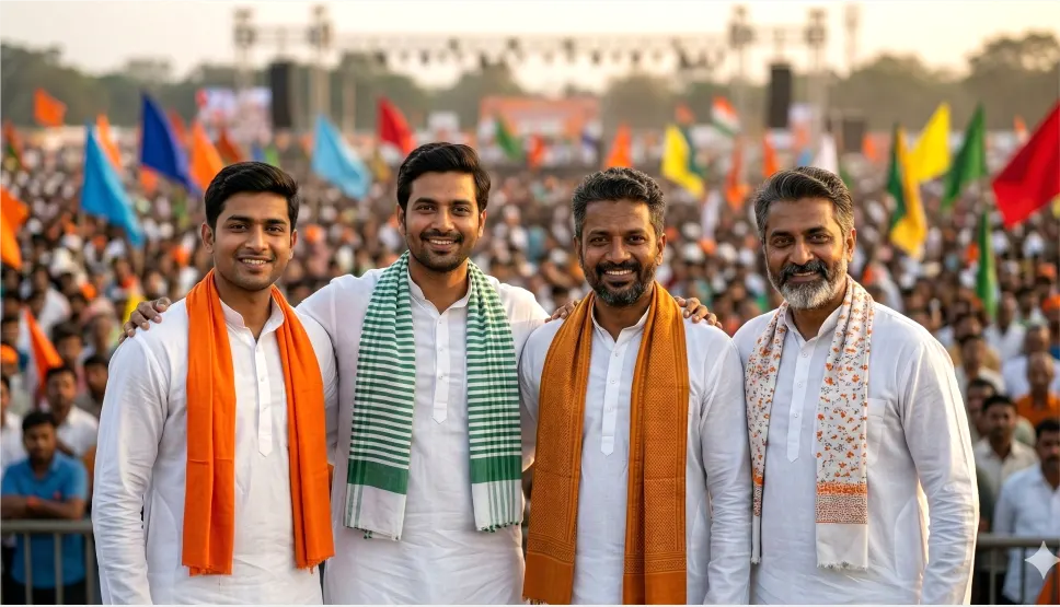 Group of men in white kurta pajamas wearing different political campaign mufflers at a rally by Jhalak Enterprises.