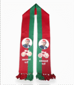 "Red and green Samajwadi Party mufflers with Akhilesh Yadav's photo and bicycle symbol."