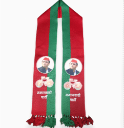 "Red and green Samajwadi Party mufflers with Akhilesh Yadav's photo and bicycle symbol."