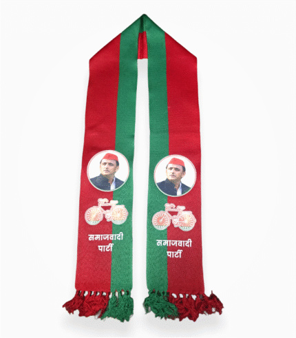 "Red and green Samajwadi Party mufflers with Akhilesh Yadav's photo and bicycle symbol."